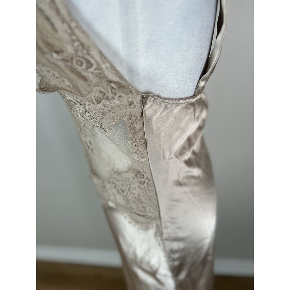 Lace Beige Satin Maxi Dress Size M Slip Gown Event Cocktail Party Sexy Romantic - Picture 6 of 7